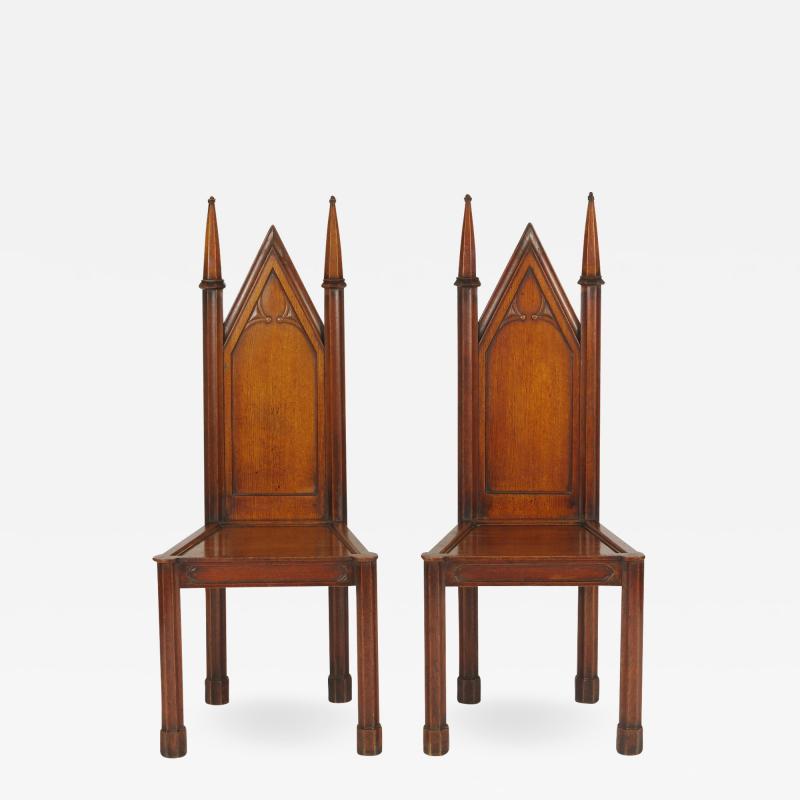 Pair of George III Oak Gothic Hall Chairs c 1800