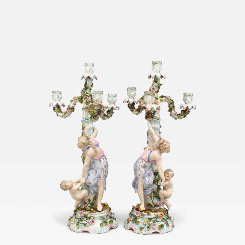 Pair of German Dresden Porcelain Candelabras with Lady and Child Figures