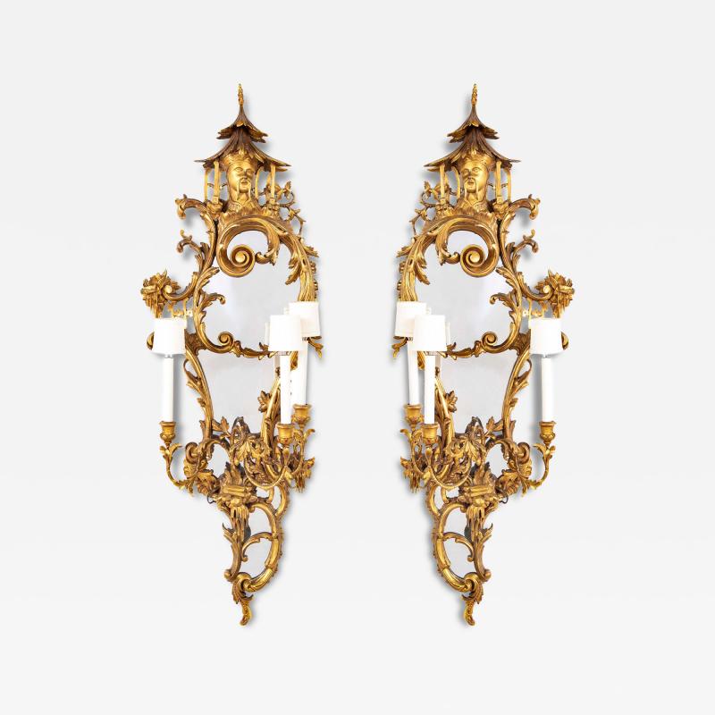 Pair of Gilded Rococo Three Arm English Sconces