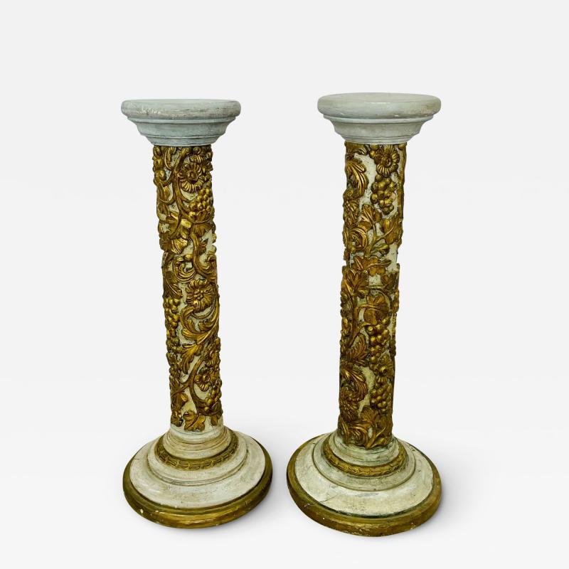 Pair of Giltwood and Paint Decorated Italian Columns Pedestals Gustavian Style