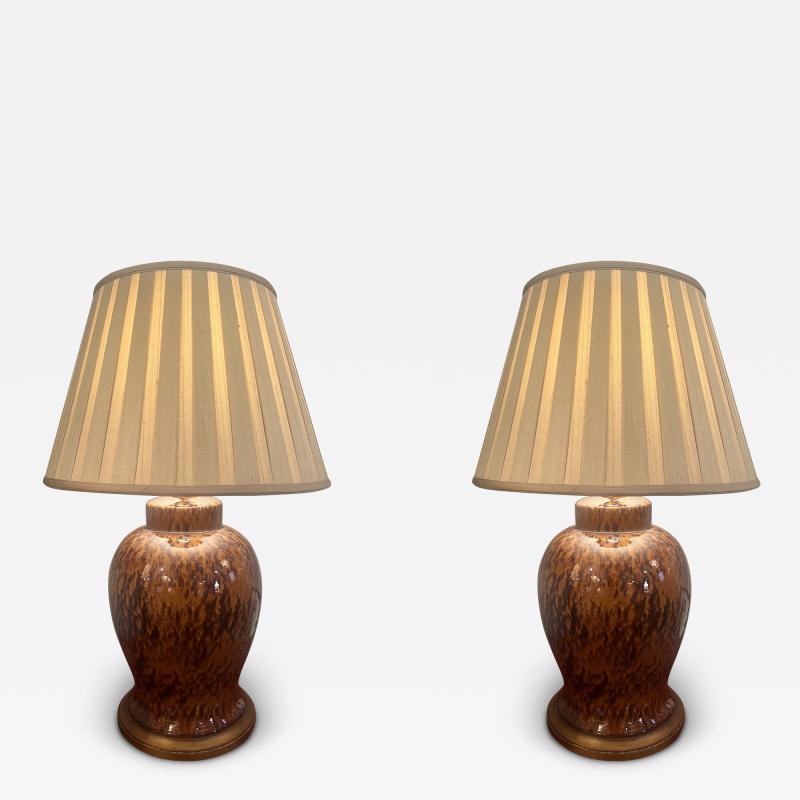 Pair of Glazed Ceramic Lamps and Shades