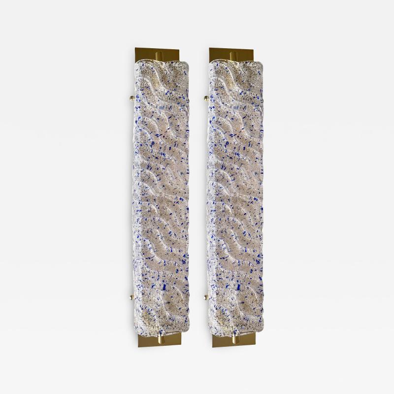 Pair of Gold Wall Sconces With Blue Graniglia Murano Glass