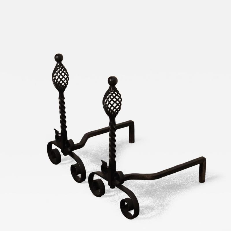 Pair of Gothic Revival Firedogs Andirons with Basket Twist and Scroll Motif