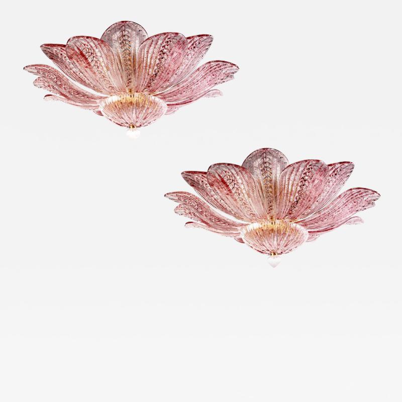 Pair of Graceful Pink Amethyst Murano Glass Leave Ceiling Light or Chandelier