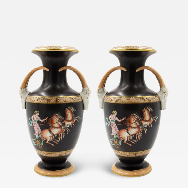 Pair of Grecian Orange and Black Porcelain Vases