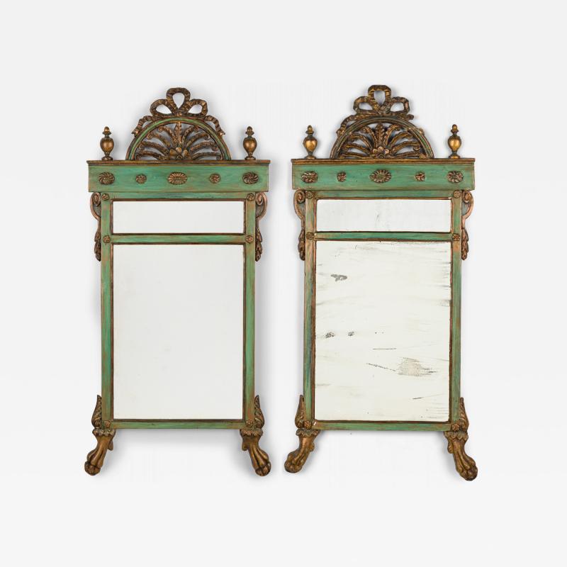 Pair of Green Painted Trumeau Dual Mirrors with Arch and Bow Pediments