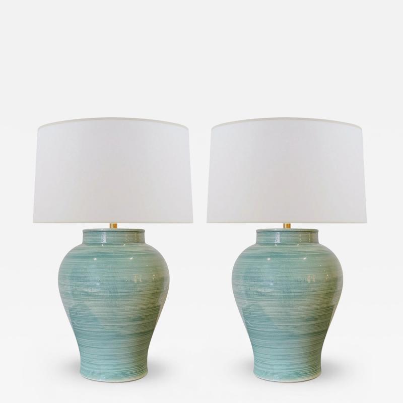Pair of Green Stoneware Urn Shaped Table Lamps