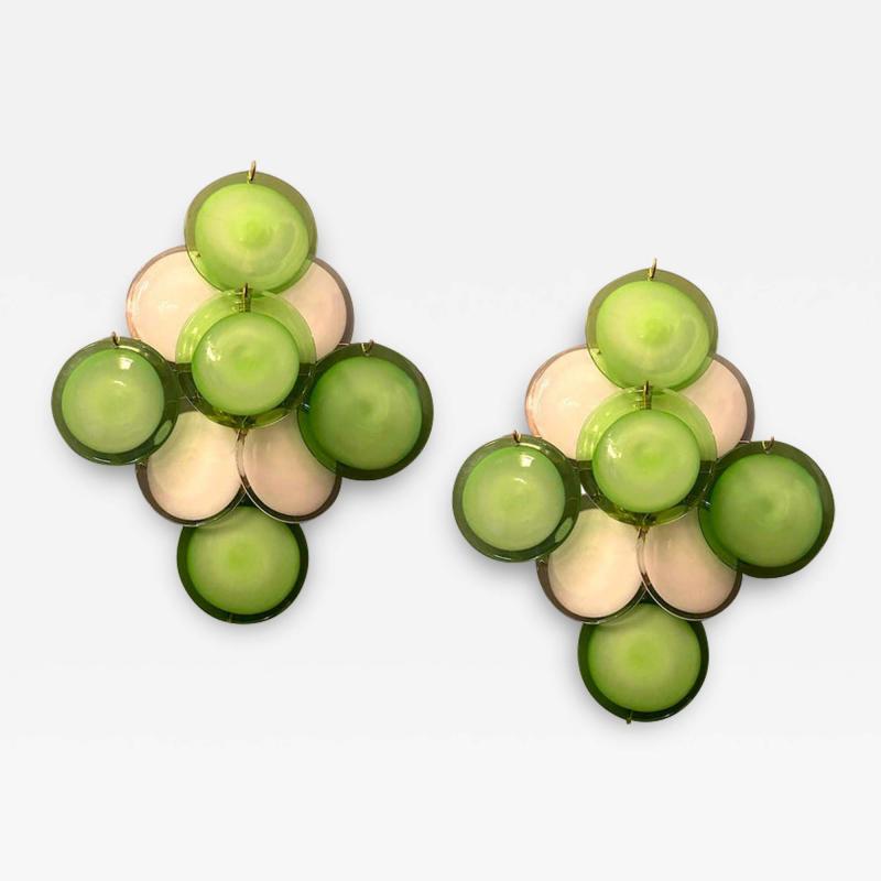 Pair of Green and White Vistosi Disc Murano Glass Sconces or Wall Light 1970s