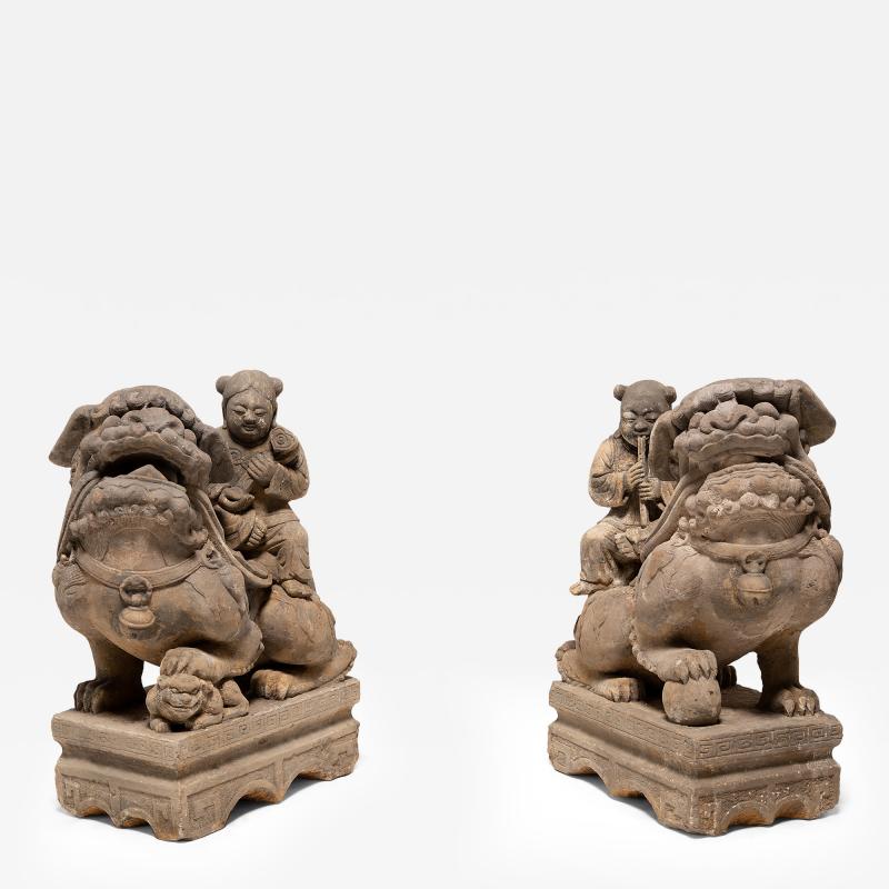 Pair of Guardian Fu Lions with Riders