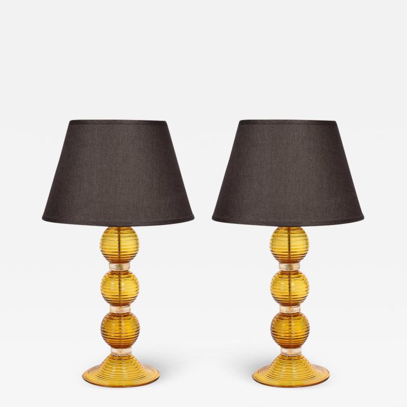Pair of Hand Amber Hued Murano Lamps with 24 Karat Gold Bands