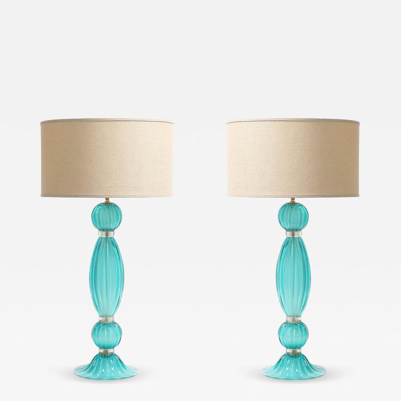 Pair of Hand Blown Aquamarine Murano Fluted Glass Table Lamps w 24 Karat Gold
