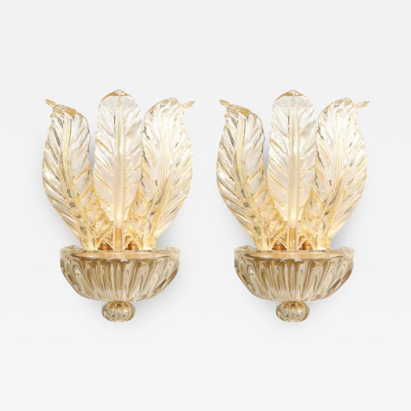 Pair of Hand Blown Modernist Murano Foglia Doro Glass Leaf Form Sconces
