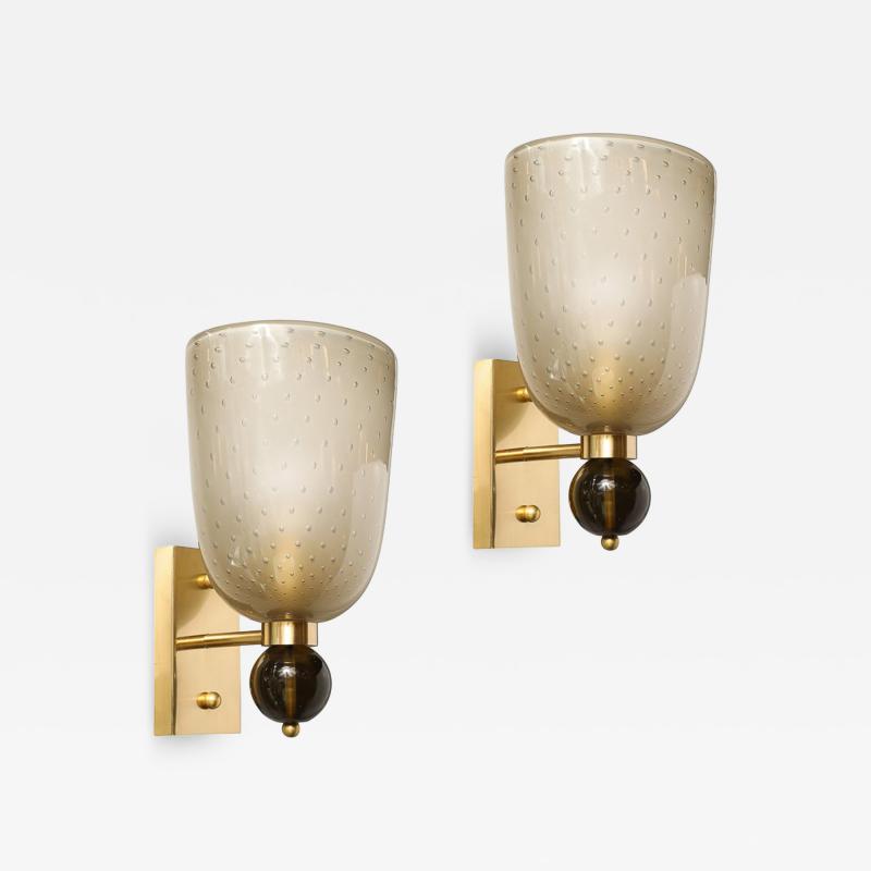 Pair of Hand Blown Murano Frosted Glass Sconces W Murine Orbital Drop Details