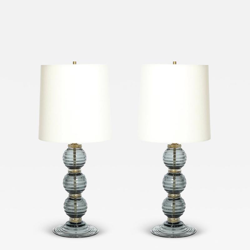 Pair of Hand Blown Murano Ribbed Smoked Glass Table Lamps with Brass Fittings