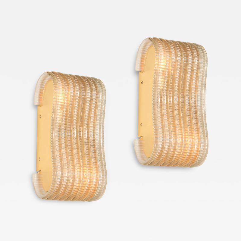 Pair of Hand Blown Undulating Reeded Murano Glass Sconces with Brass Fittings