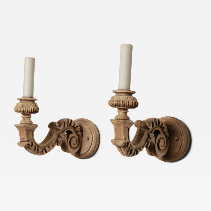 Pair of Hand Carved Bleached Walnut Single Arm Sconces