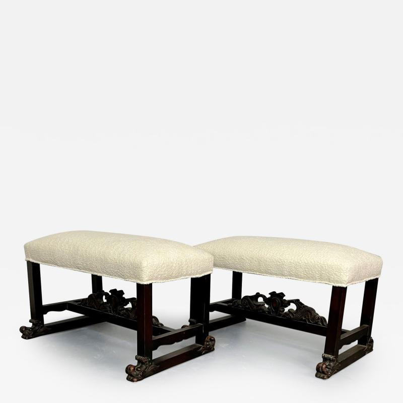 Pair of Hand Carved Georgian Style Benches Footstools Ottomans Boucle