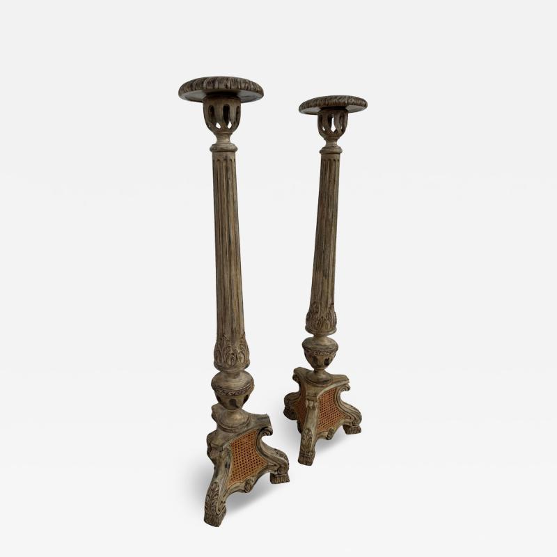 Pair of Hand Painted Italian Candlestick Torchieres with Cane Bases