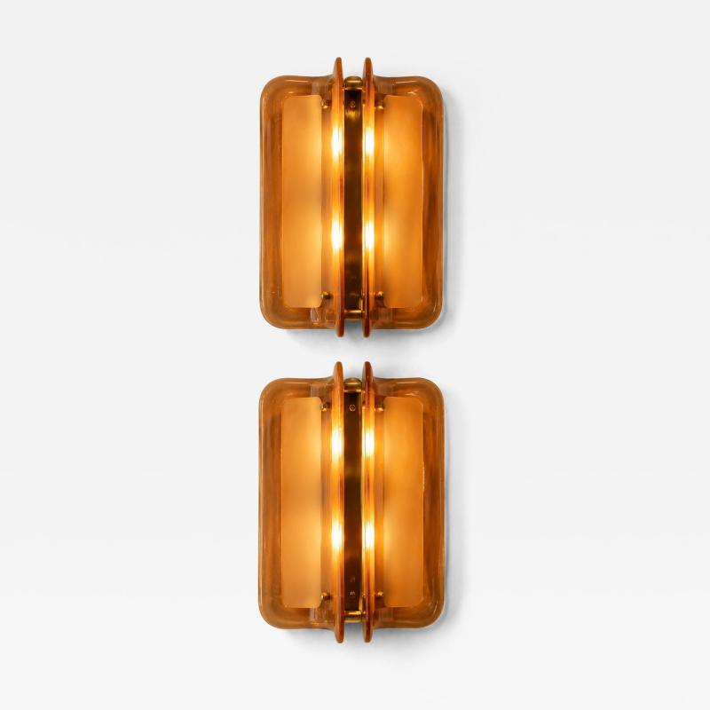 Pair of Hand casted Murano Glass and Brass Wall Sconces in Cognac Italy