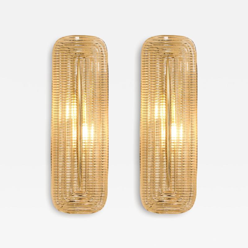 Pair of Handcrafted Textured Clear Murano Glass and Brass Sconces Italy