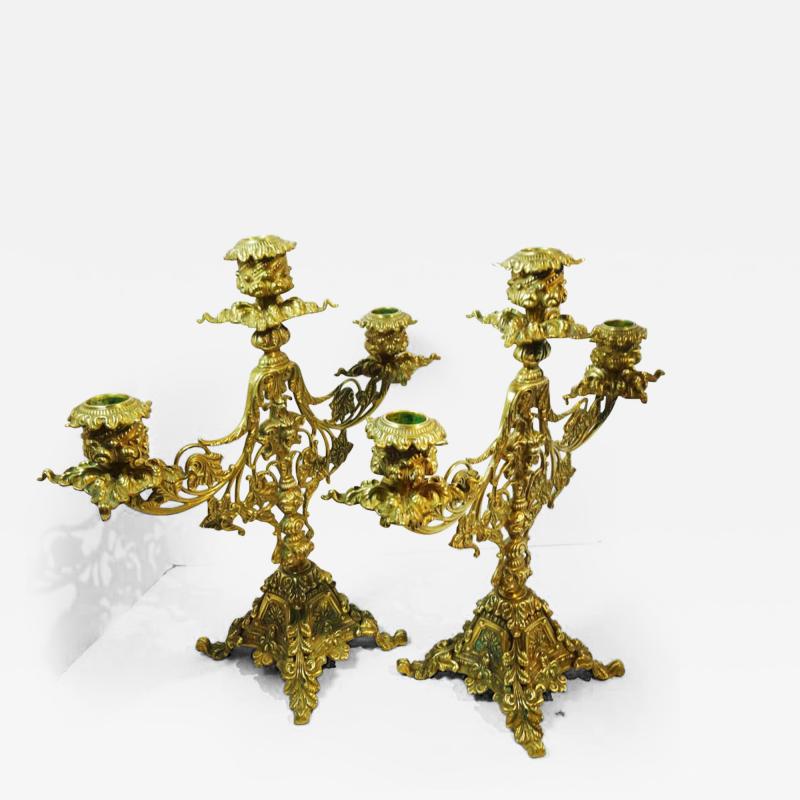 Pair of Heavy Brass Belle poque Three Light Candelabra Circa 1890