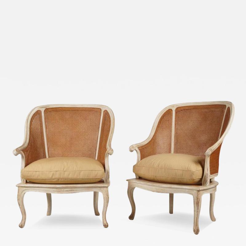 Pair of Hendrix Allardyce Swedish Empire Painted Double Caned Bergeres Chairs