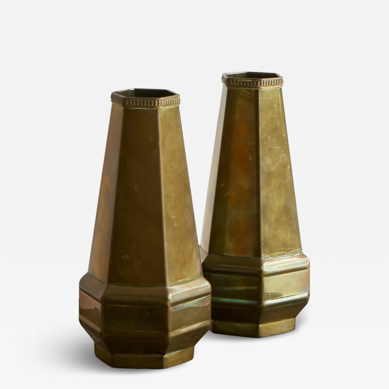 Pair of Hexagonal Art Deco Vases in Patinated Brass 1930s