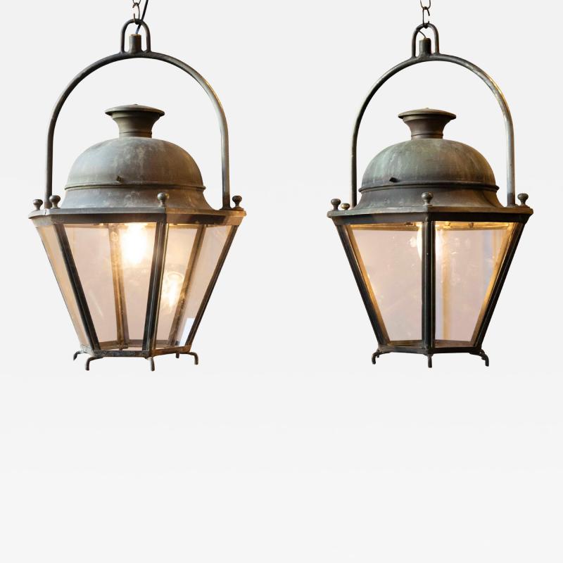 Pair of Hexagonal Copper Lanterns with Domed Tops