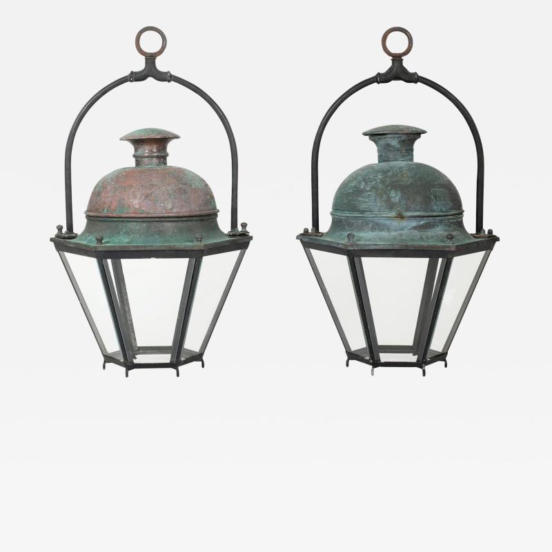 Pair of Hexagonal Glass Paneled Domed Verdigris Green Copper Lanterns