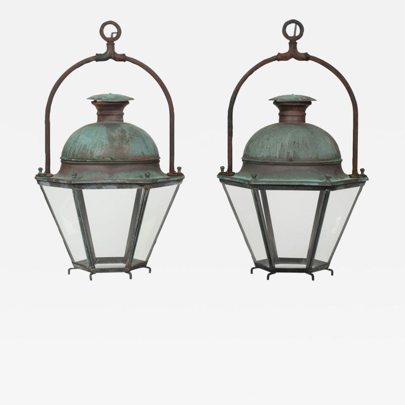 Pair of Hexagonal Glass Paneled Domed Verdigris Green Copper Lanterns