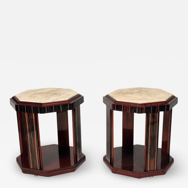 Pair of Hexagonal Side Tables in Makassar Wood and Travertine Top