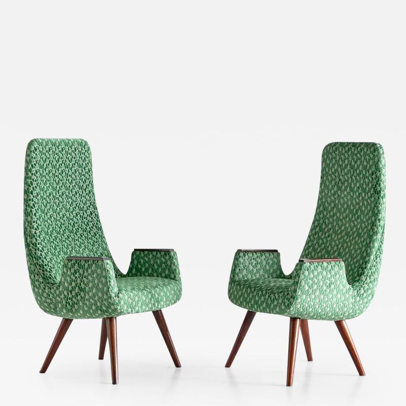 Pair of High Back Armchairs in Green Braqueni Velvet and Weng Wood 1950s