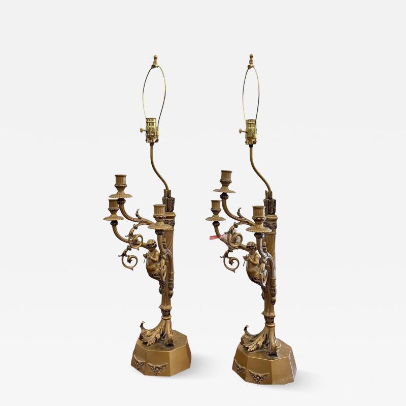Pair of Hollywood Regency French Bronze Putti Candelabra Table Lamps Paris