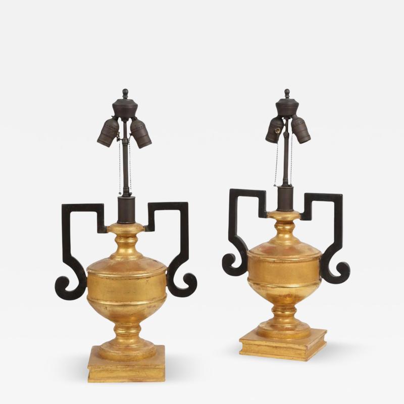 Pair of Hollywood Regency Giltwood Ebony Urn Form Table Lamps