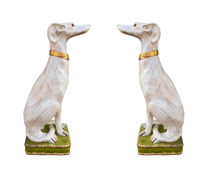 Pair of Hollywood Regency Life Size Seated Italian Greyhound Statues Sculptures