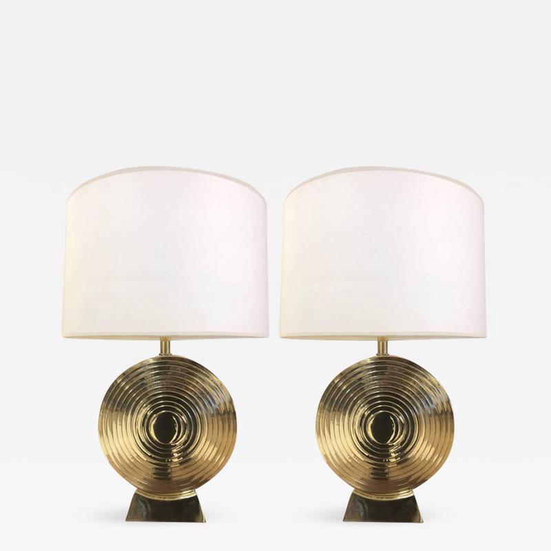 Pair of Hollywood Regency Polished Brass Disc Lamps