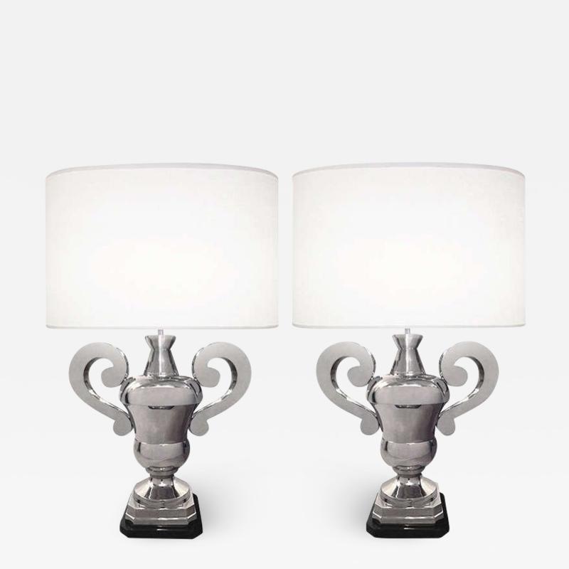 Pair of Hollywood Regency Polished Nickel Table Lamps Large Urns
