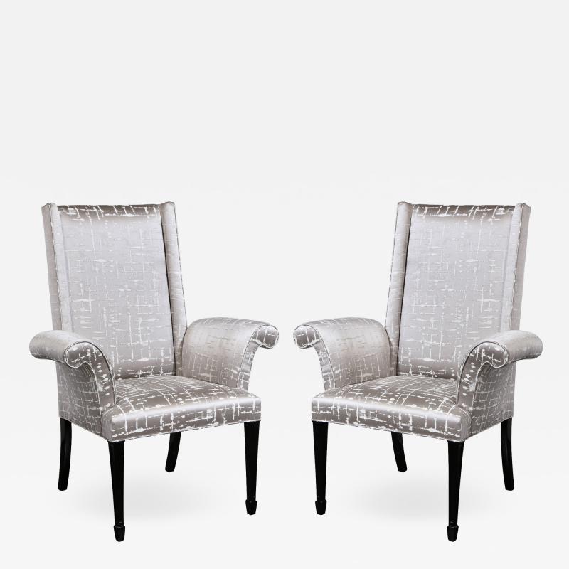 Pair of Hollywood Regency Scroll Form Ebonized Walnut Textural Silk Armchairs