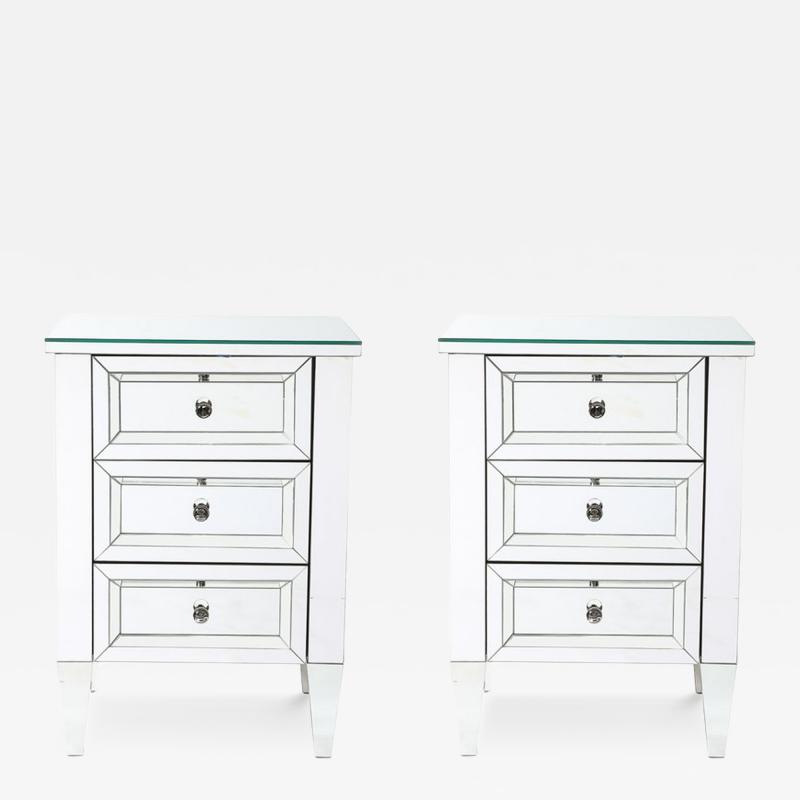 Pair of Hollywood Regency Style Custom Mirrored Nightstands with Three Drawers