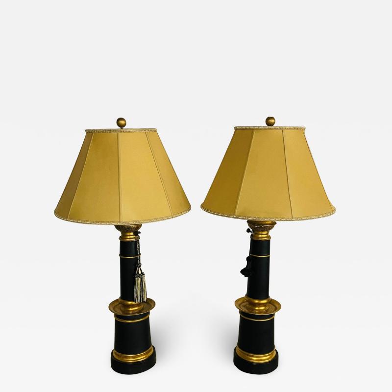Pair of Hollywood Regency Style Table Lamps with Custom Shades Ebony and Gilt