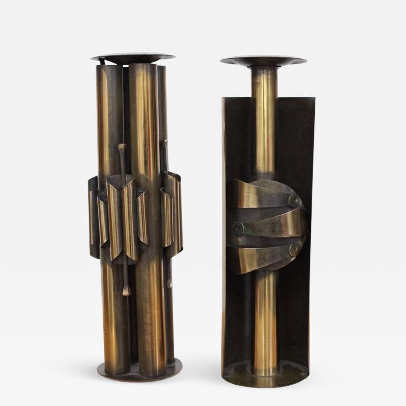 Pair of Huge Brutalist Candle Holders in Brass