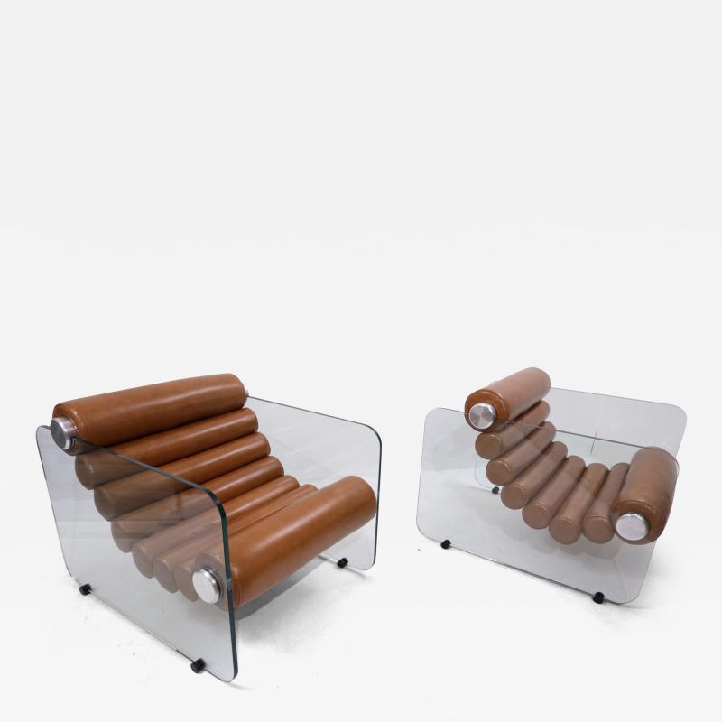 Pair of Hyaline Cognac leather Armchairs by Fabio Lenci Italy 1967
