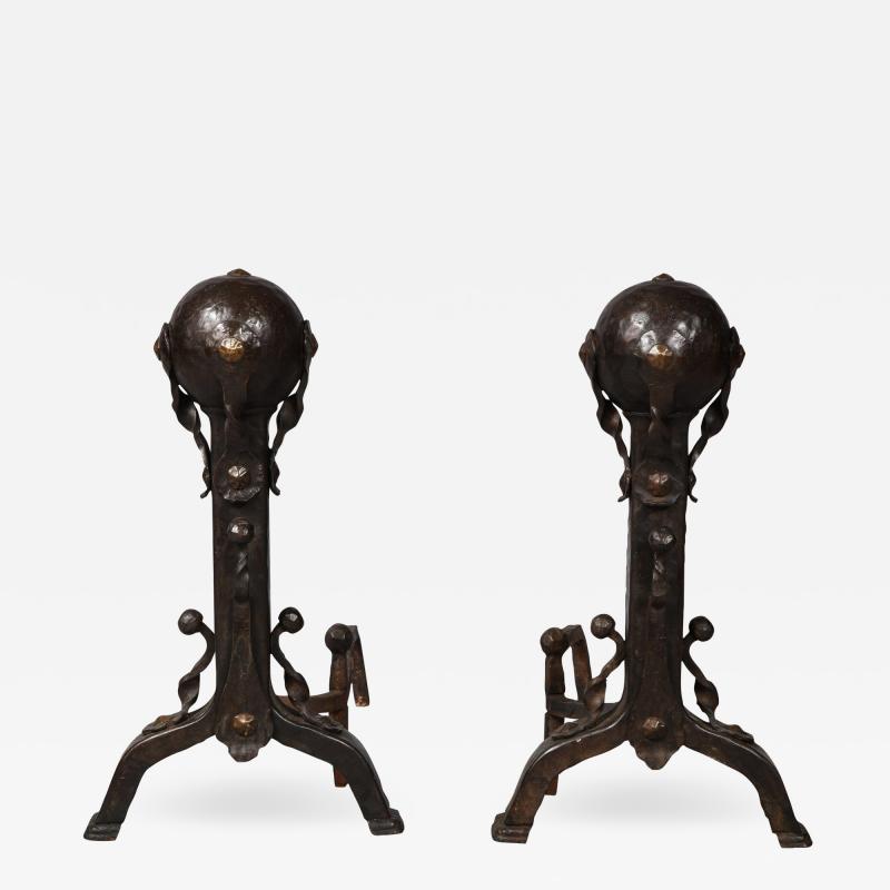 Pair of Iron and Bronze Strapwork Sphere Andirons