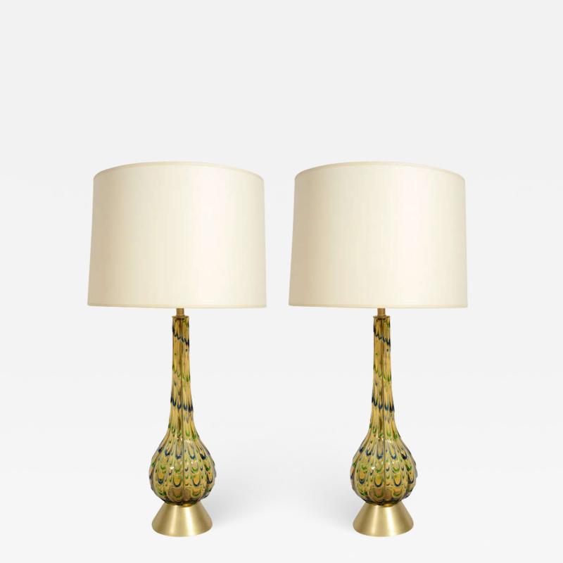 Pair of Italia Mid Century Green and Blue Murano Glass Table Lamps