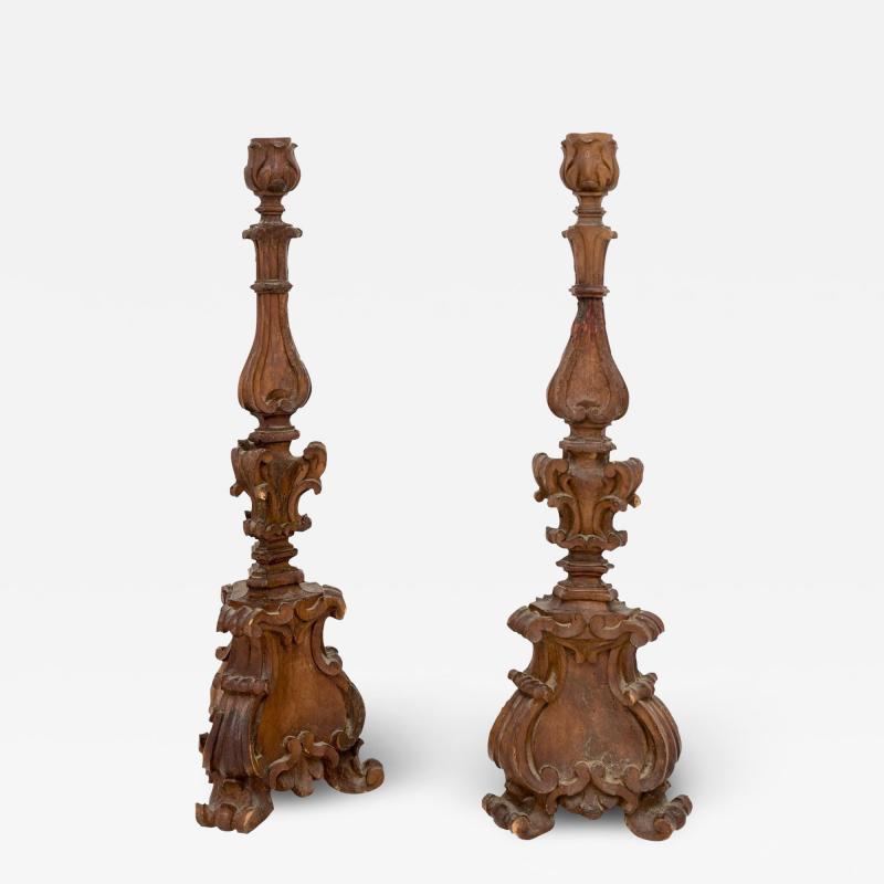 Pair of Italian 17th Century Baroque Period Altar Candlesticks with Carved D cor