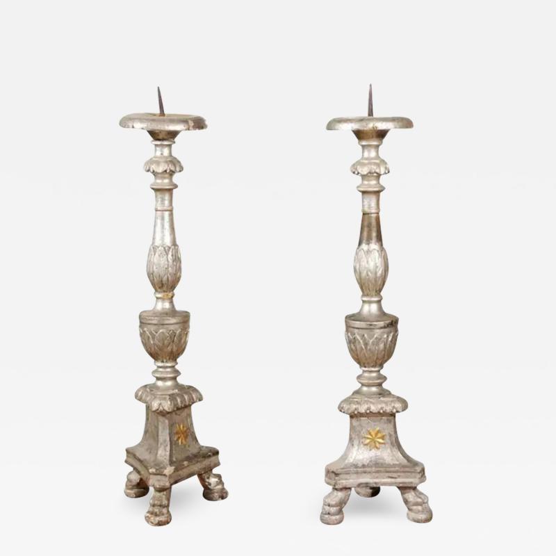 Pair of Italian 18th Century Silver Candlesticks with Gilt Star and Waterleaves