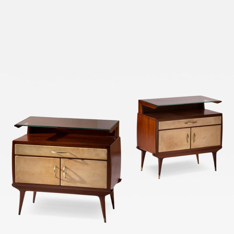 Pair of Italian 1940s Parchment Nightstands with Floating Glass Shelf