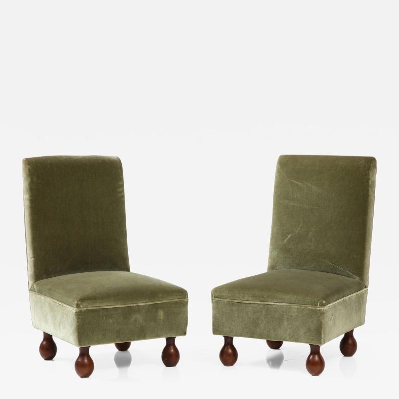 Pair of Italian 1940s Slipper Chairs with Walnut Bun Feet