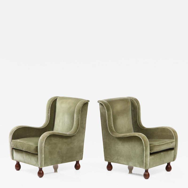 Pair of Italian 1940s Velvet Armchairs with Walnut Bun Feet