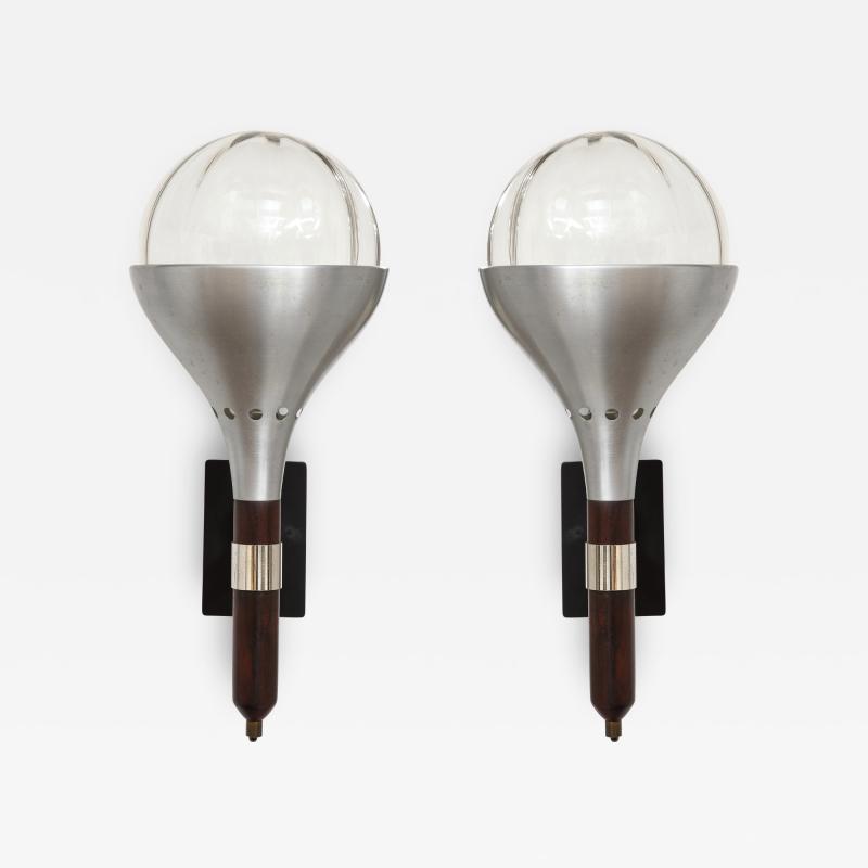 Pair of Italian 1940s Walnut and Nickel Plated Wall Sconces